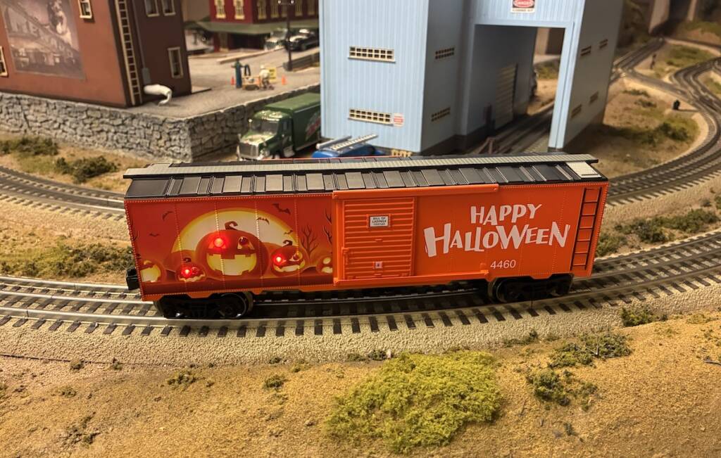 Halloween boxcar on track