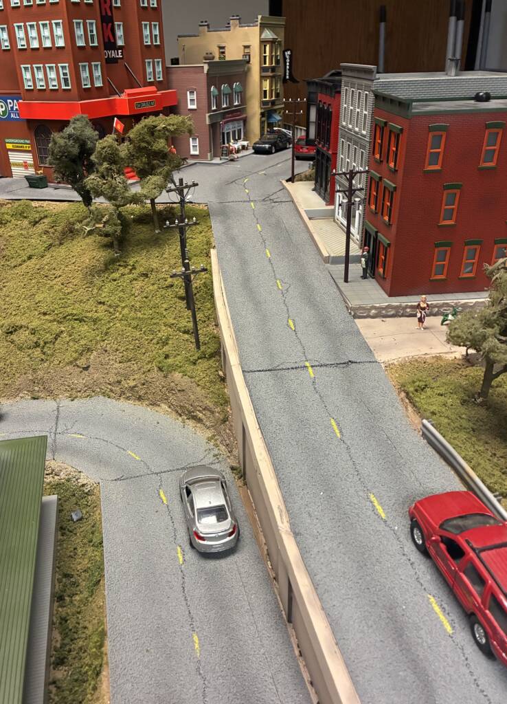 city scene on toy train layout