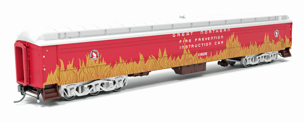 Color image of HO scale heavyweight passenger car with red sides and ends, brown underbody, silver roof and trucks, and orange and yellow flames on sides on white background 