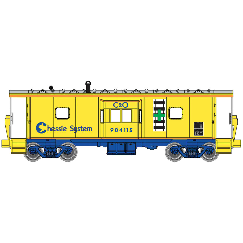 A yellow blue and orange model caboose