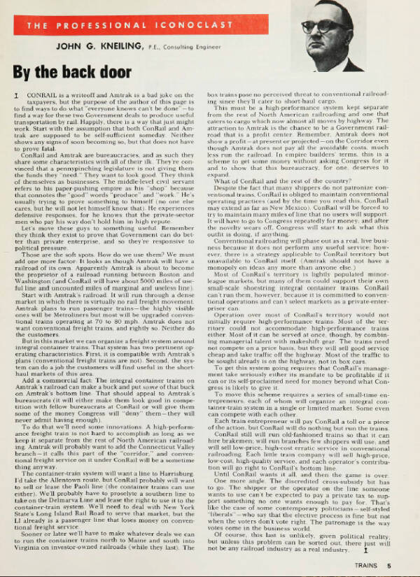 A magazine page from the September 1975 issue of Trains featuring a picture of a man at the top of a page of text next to the words The Professional Iconoclast in a red stripe