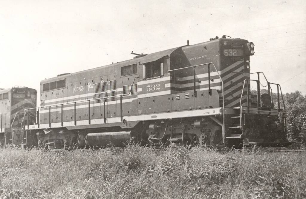 Black and white photo of diesel locomotive