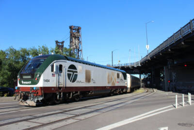 Modern diesel passenger locomotive pushing train. Cascades round-trips return Monday after locomotive unavailability.