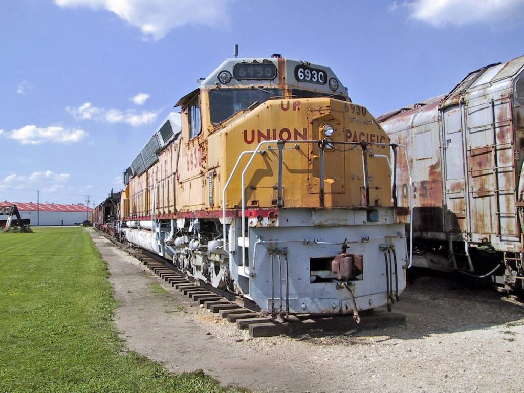 Yellow diesel locomotive on display