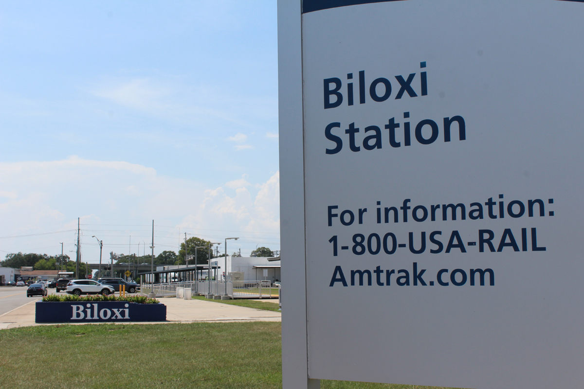 Sign for Amtrak stop in Biloxi, Miss.