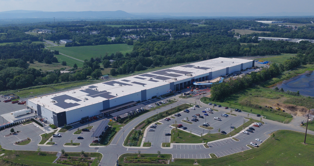 Aerial view of long rectagular building