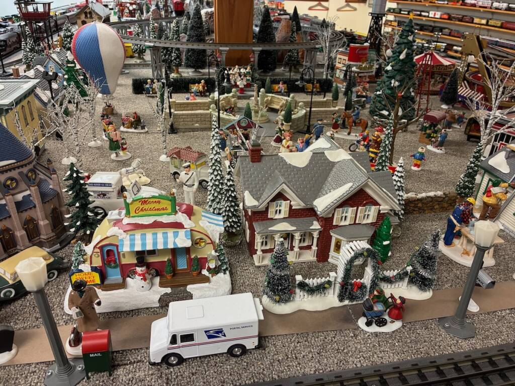 holiday scene on toy train layout