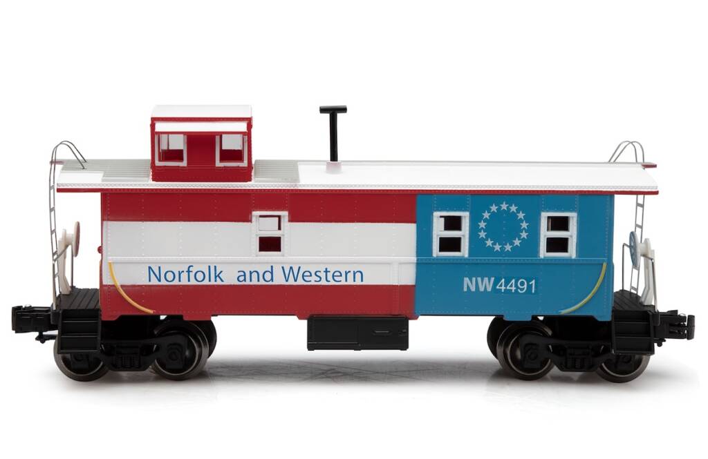 red, white, blue model caboose
