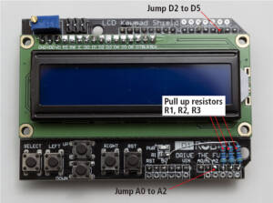LCD circuit board with callouts showing placement of jumpers