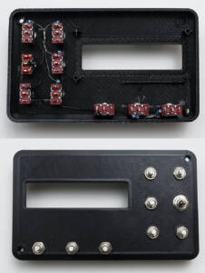 combined photos showing inside (top) and outside (bottom) of 3D-printed case with switches installed and wired