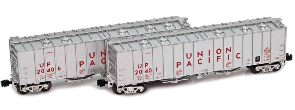 Two Z scale General American 4180 Airslide covered hoppers painted aluminum and red on white background
