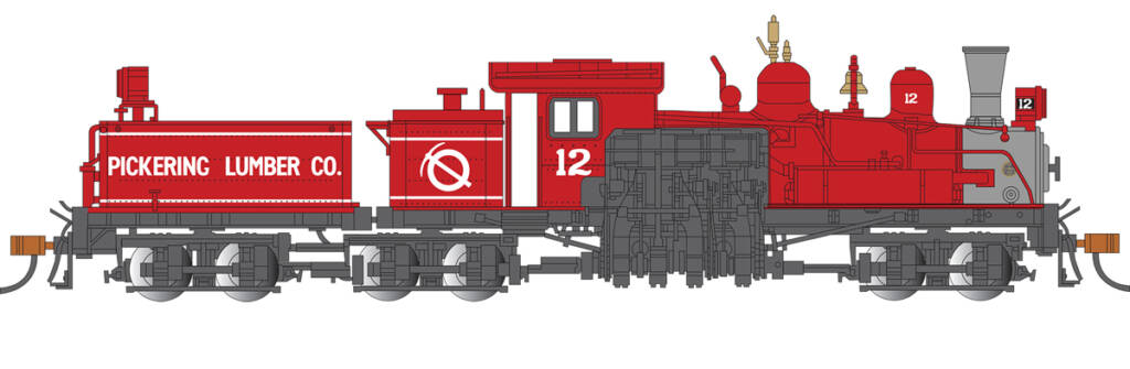 Color illustration (red, white, and dark gray) of geared HO scale steam locomotive with white background