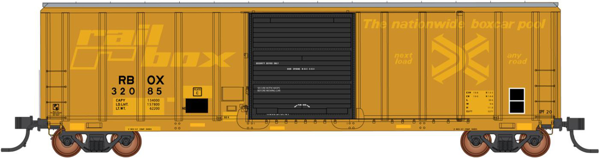 Color illustration of yellow boxcar with black door and faded graphics on white background