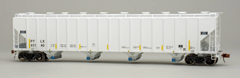 Color photo of HO scale four-bay covered hopper painted light gray with black, white, and yellow graphics on medium gray background