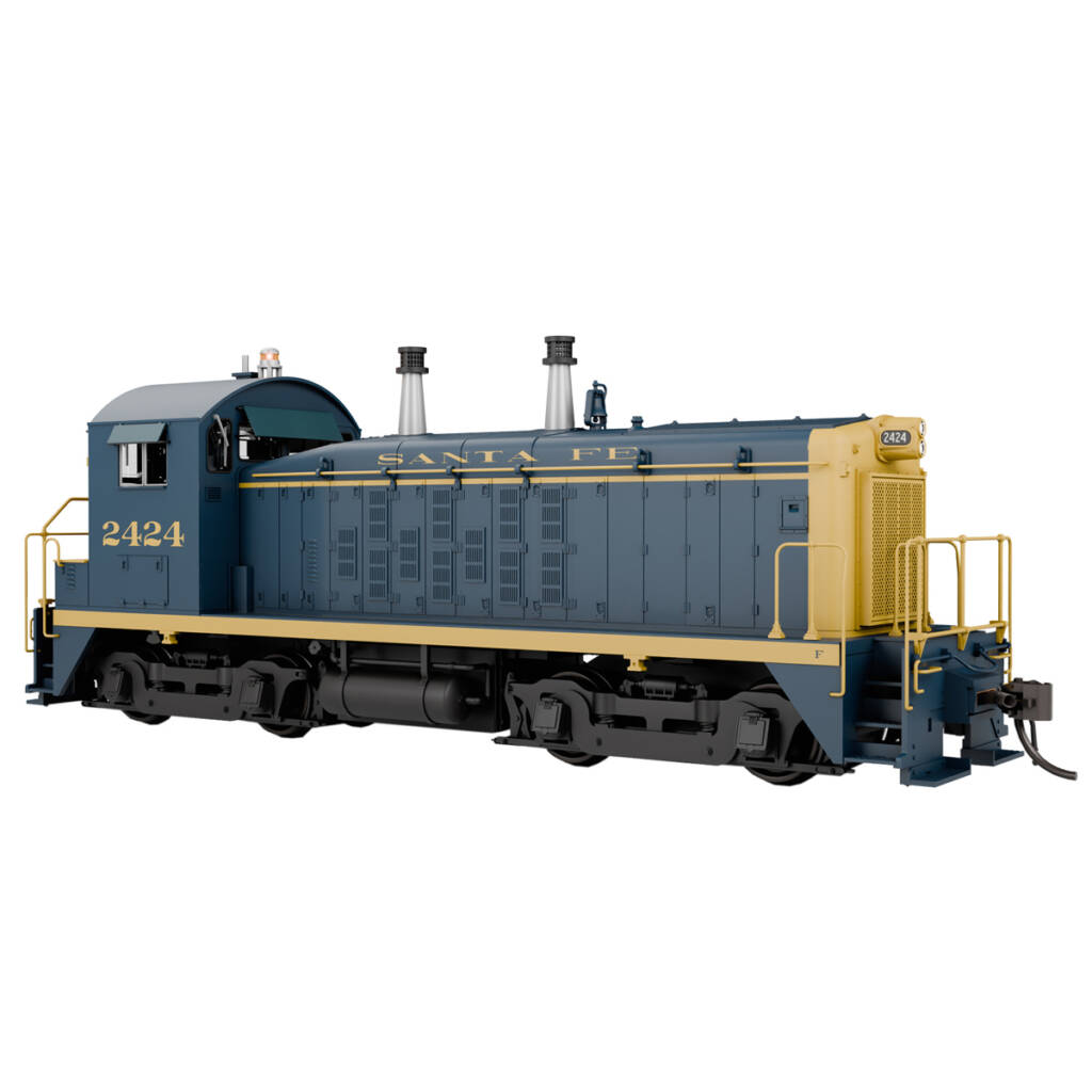 A navy blue and yellow model locomotive