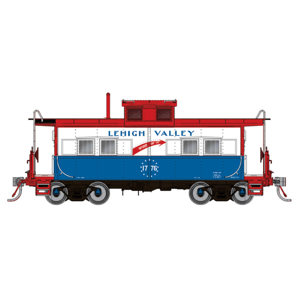A red, white and blue model caboose painted in an American bicentennial scheme