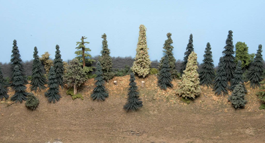 Color photo showing scenicked section of model railroad with trees in foreground and scuff pad in background and sky blue backdrop