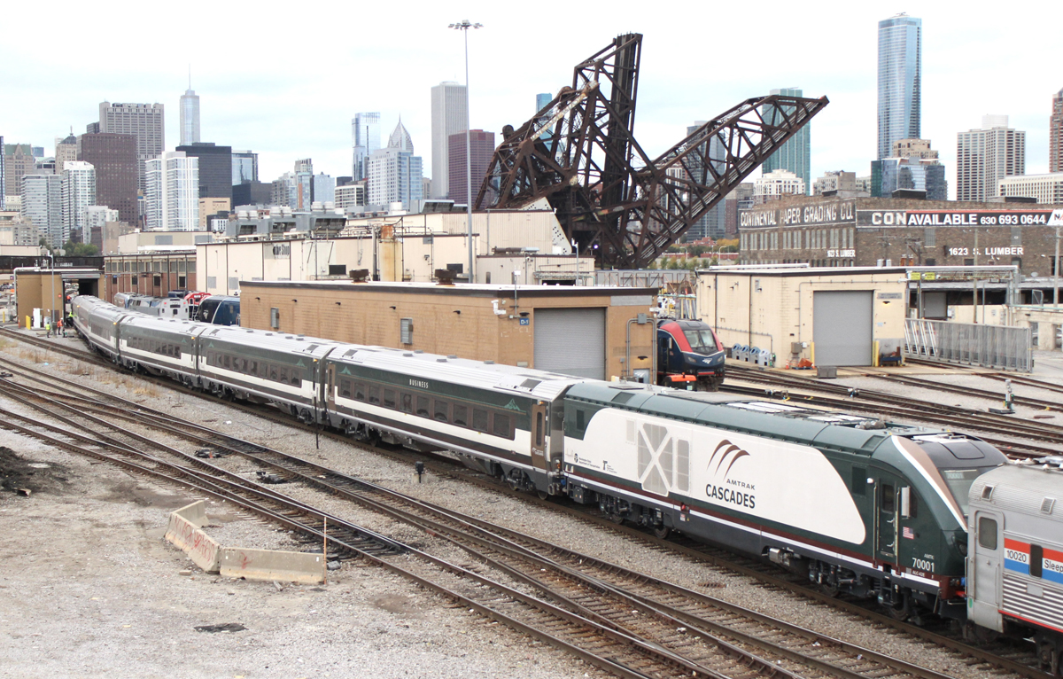 New passenger equipment backs toward train wash in Chicago yard