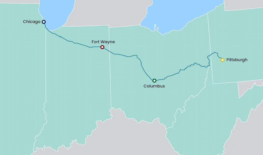 Map of rail line between Chicago and Pittsburgh via Columbus, Ohio