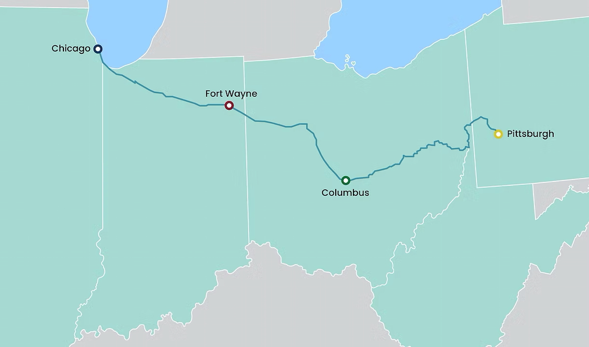 Map of rail line between Chicago and Pittsburgh via Columbus, Ohio