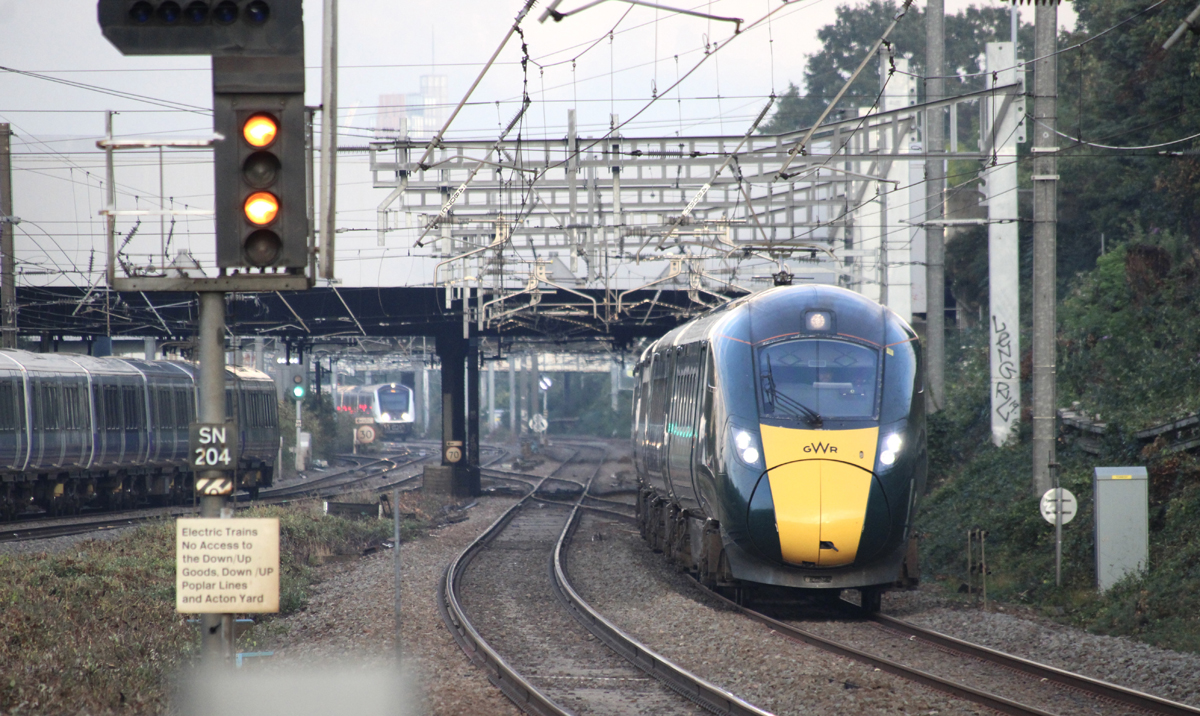 Dark green and yellow high-speed train with rapid-transit trains to left.