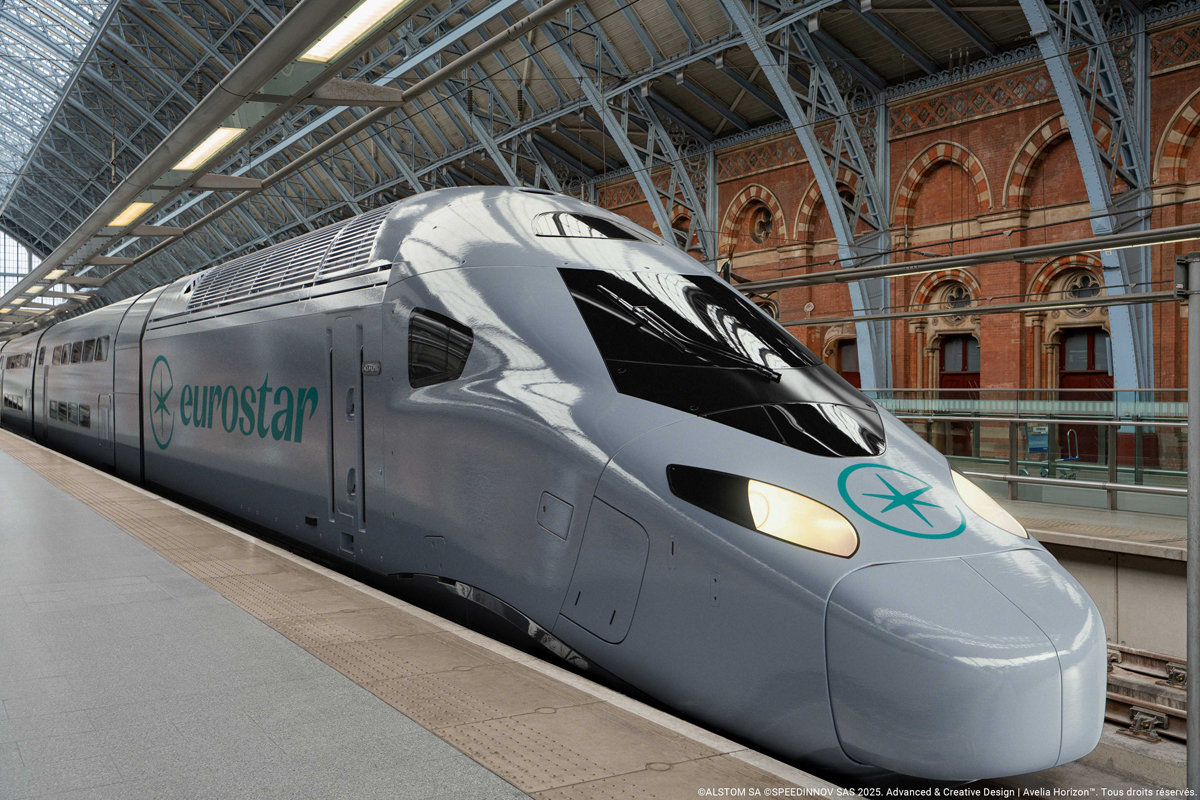 Gray bilevel high-speed train at station
