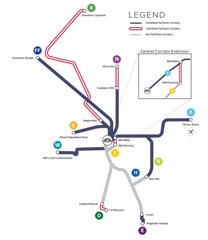 Map of completed and proposed Denver-area rail transit lines