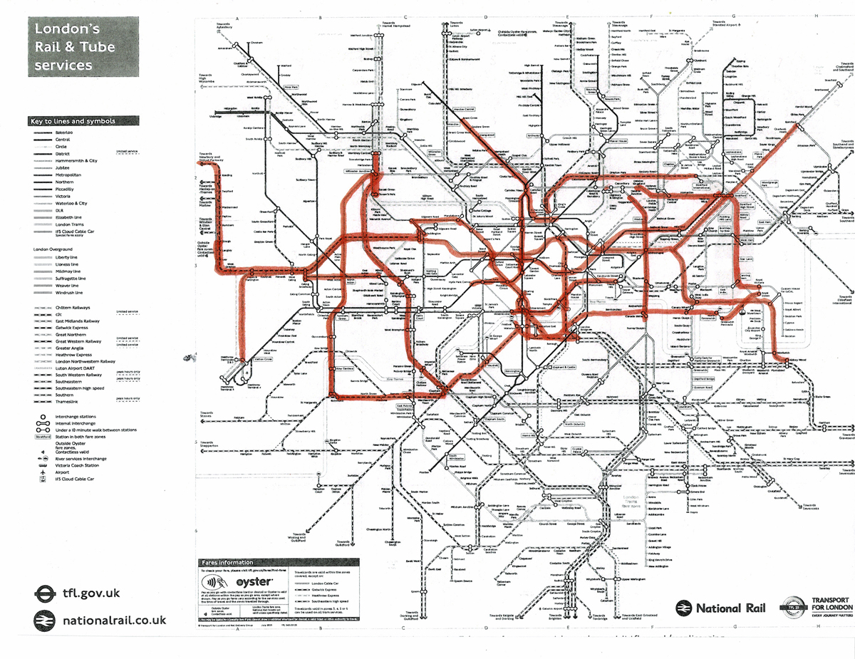 Rail transit map of London
