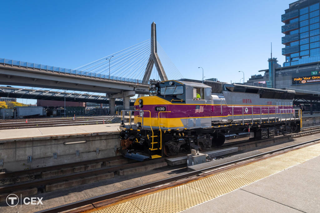 Silver, purple, and yellow diesel at passenger station