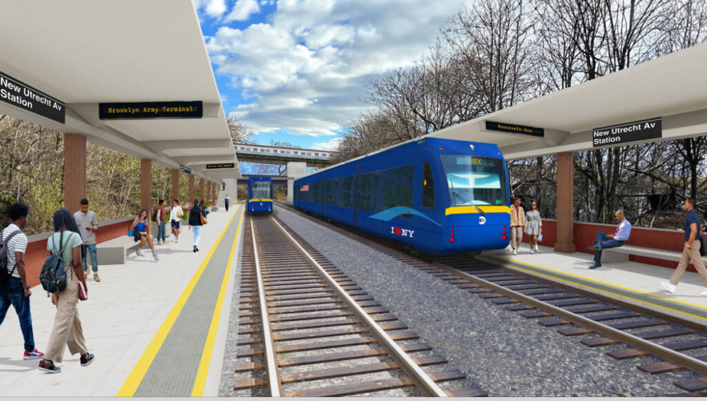 Illustration of blue light rail vehicles on double-track line