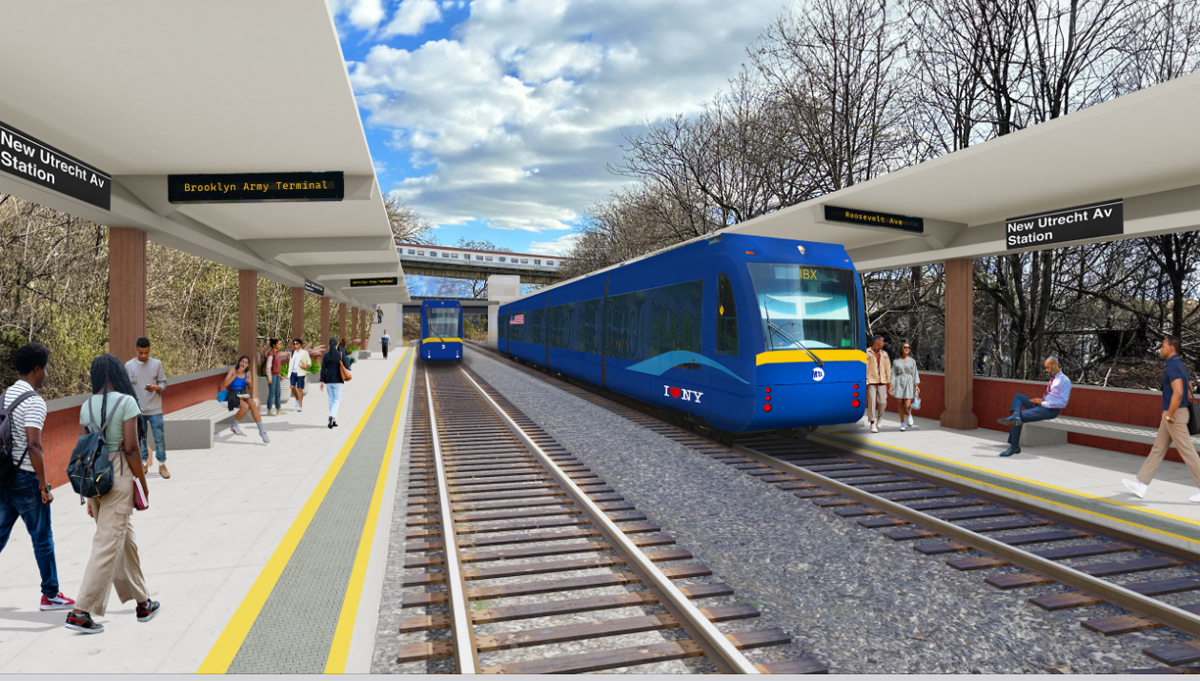 Illustration of blue light rail vehicles on double-track line