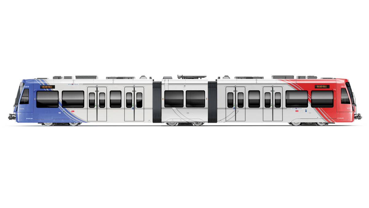 Side-view illustration of white light-rail trainset with red and blue ends