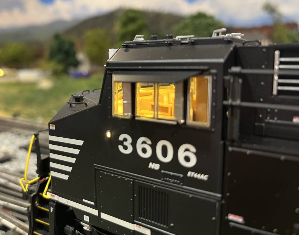 cab of black and white model diesel engine
