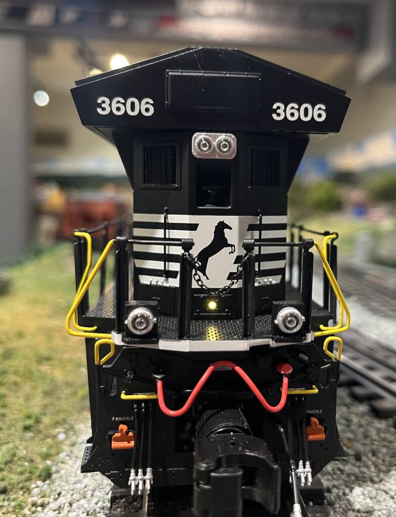 rear of black and white model diesel engine