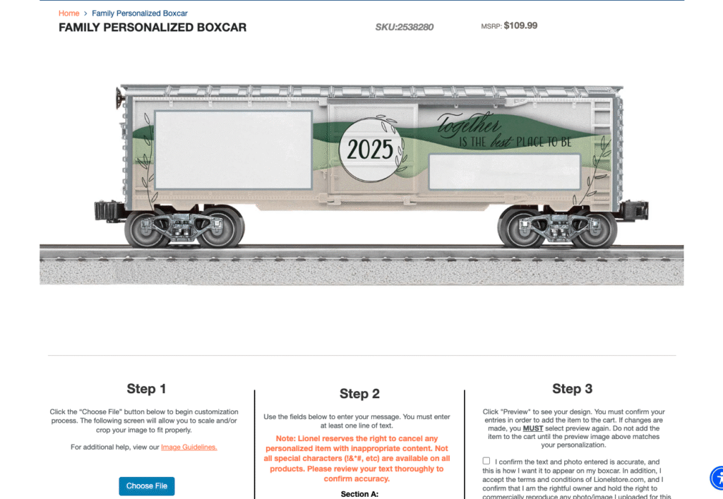 screenshot of Lionel trains website