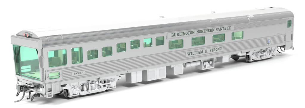 Color rendering of HO scale fluted-side track inspection car with stainless steel sides, green-tinted window glazing, and green, blue, and white graphics on white background.