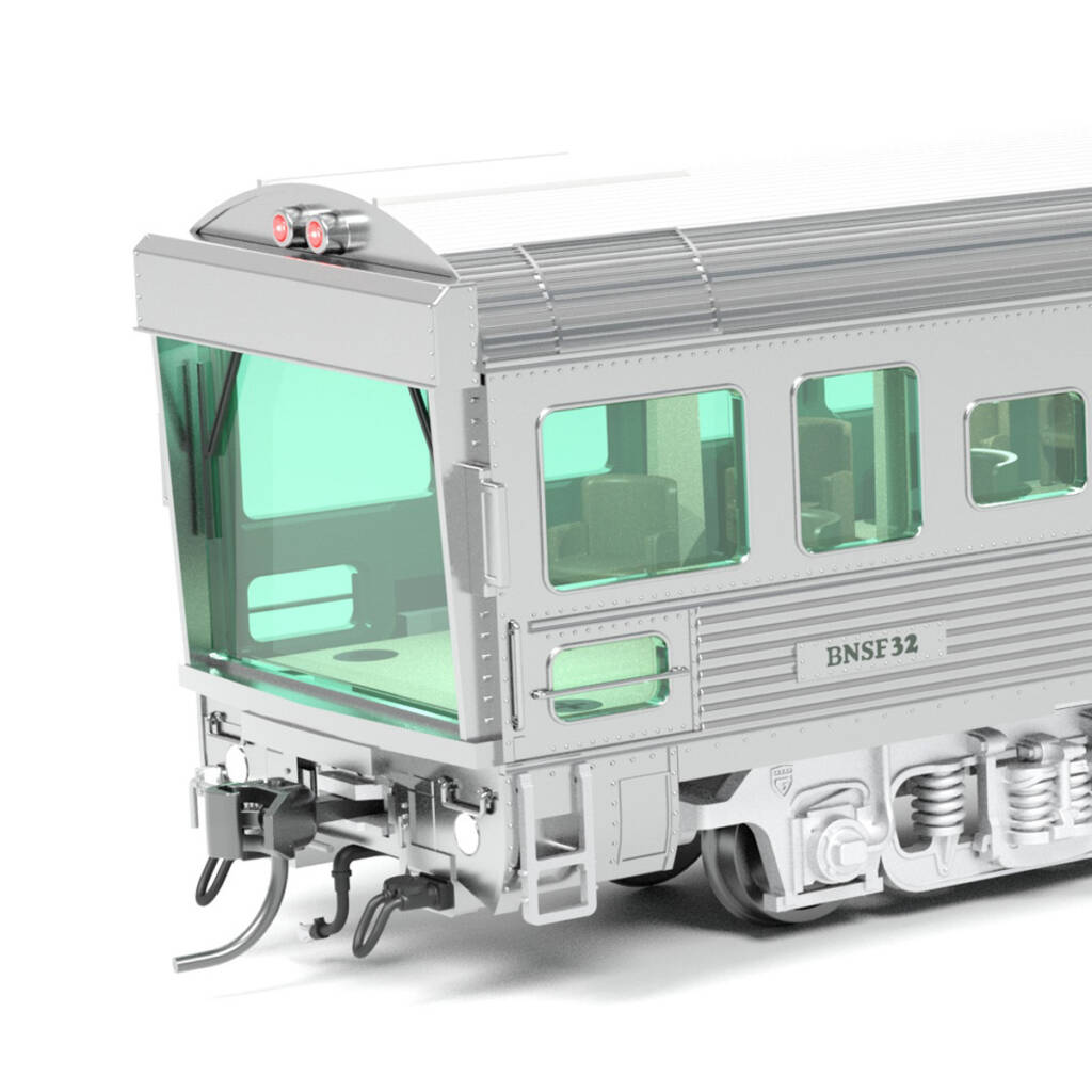 Color rendering showing end of HO scale fluted-side track inspection car with stainless steel sides, green-tinted window glazing, and green, blue, and white graphics on white background.