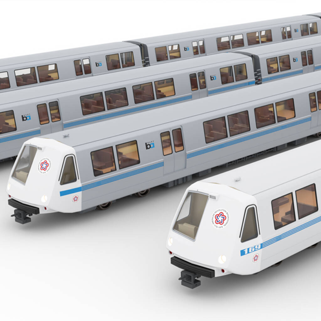 White model passenger rail equipment with a blue stripe and tan interiors