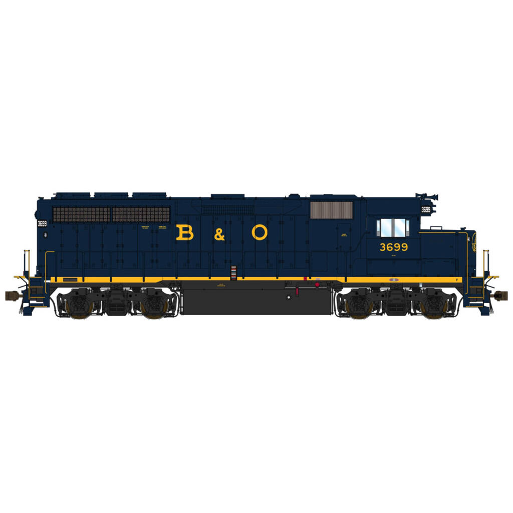 A navy blue model locomotive with yellow lettering and a yellow stripe