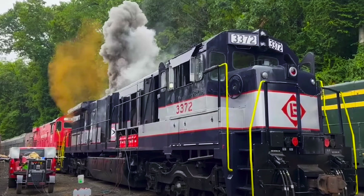 General Electric vintage diesel locomotive starting. 