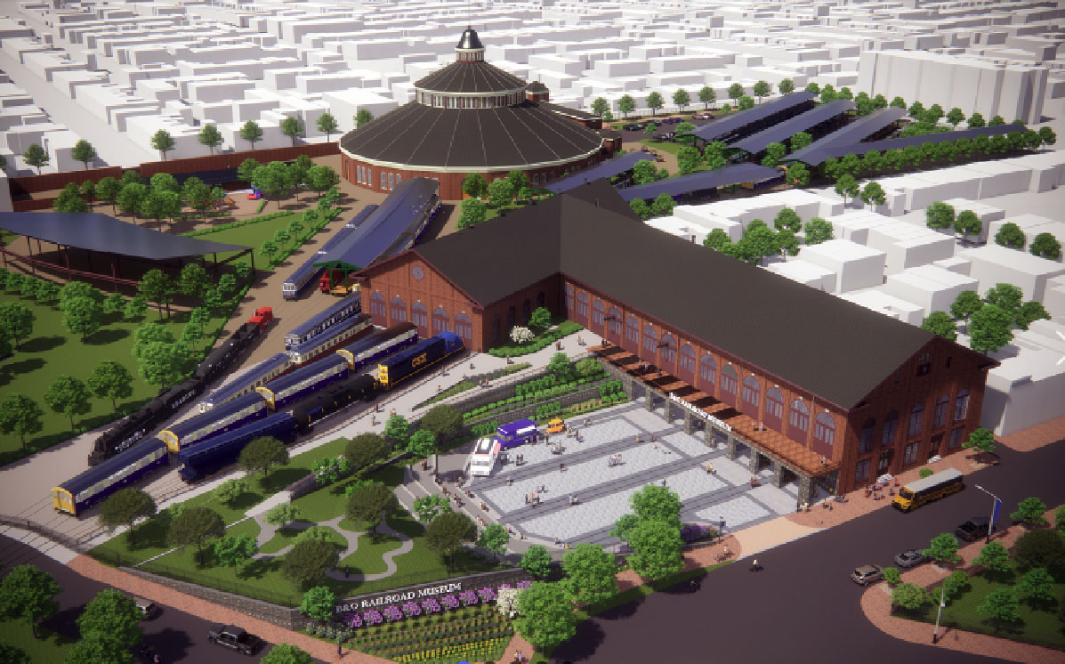 Architectural rendering of roundhouse museum building. B&O Railroad Museum begins $38 million expansion.