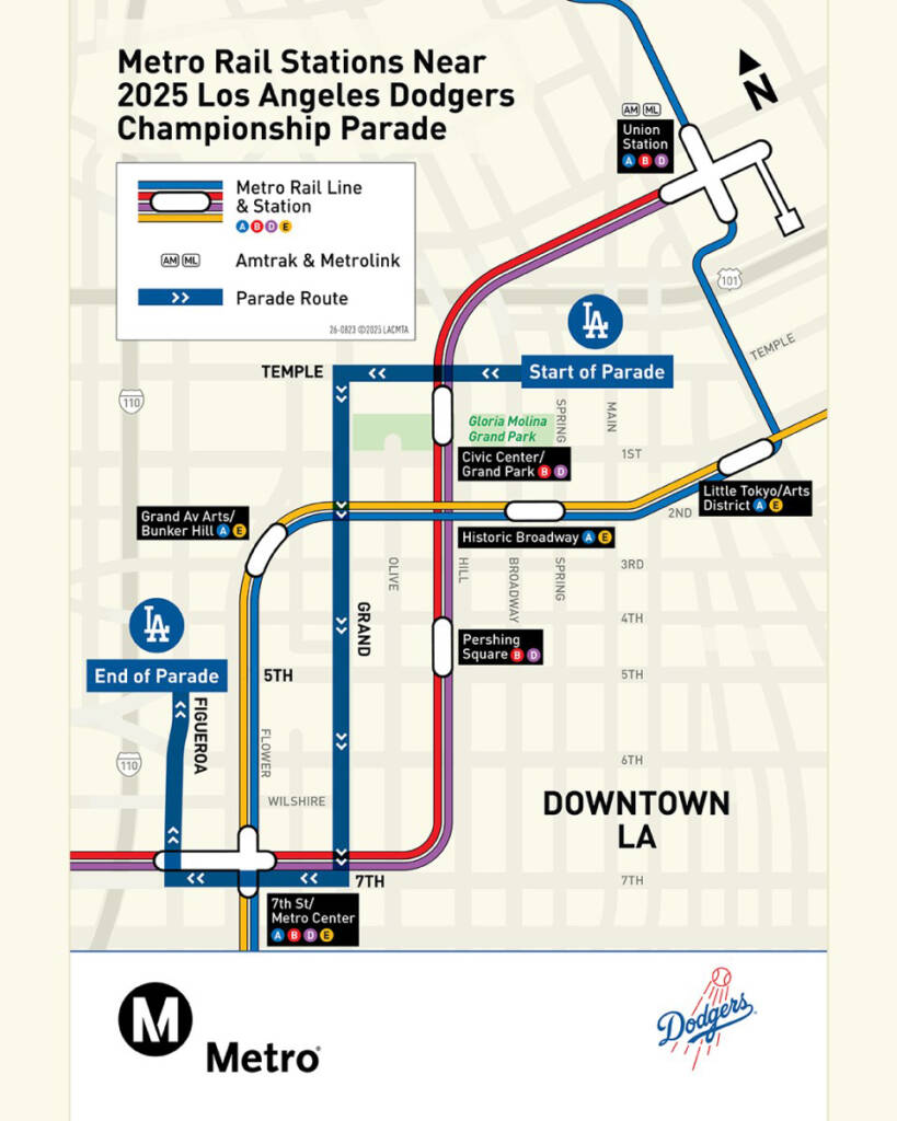 Map showing route of Los Angeles Dodgers World Series parade and nearby transit stations