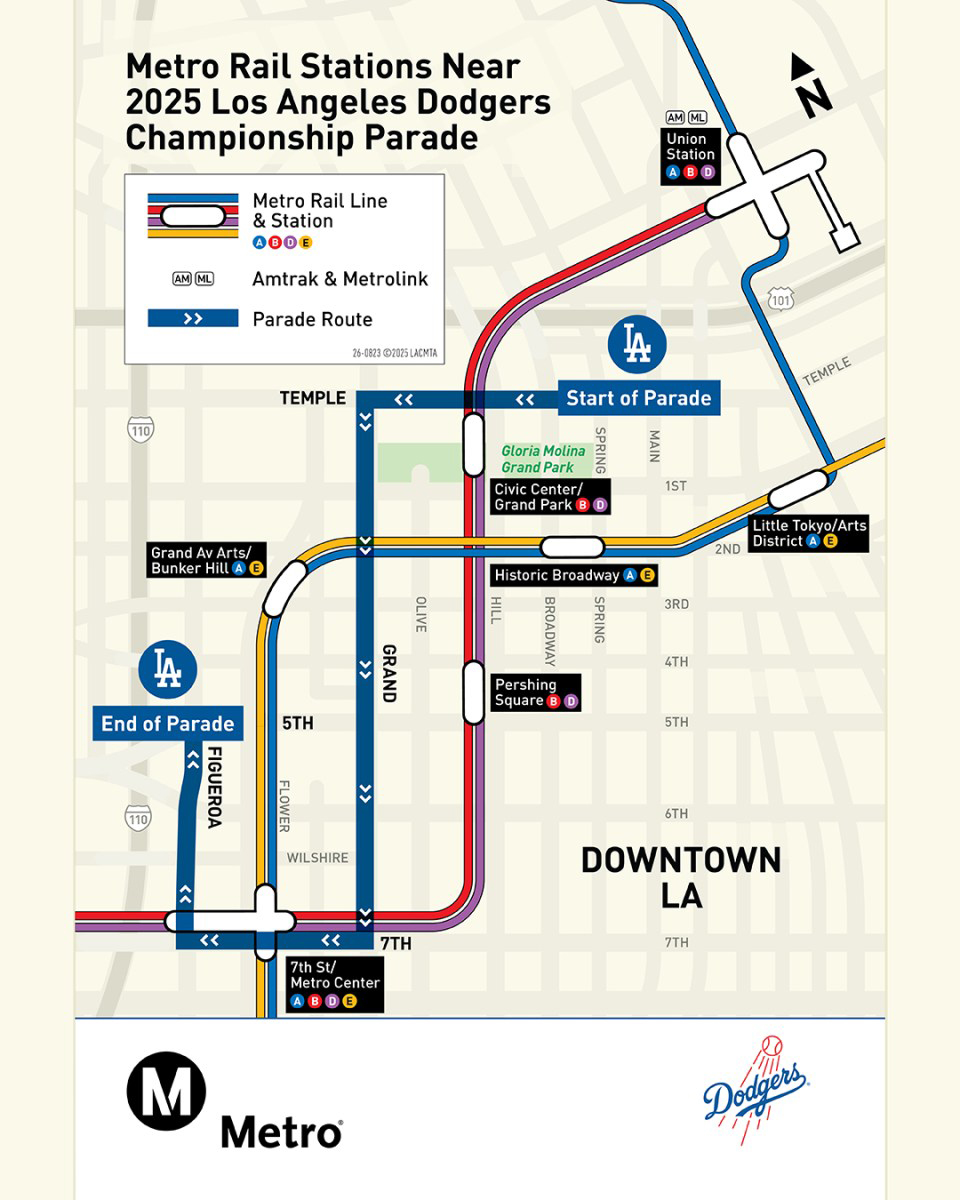 Map showing route of Los Angeles Dodgers World Series parade and nearby transit stations