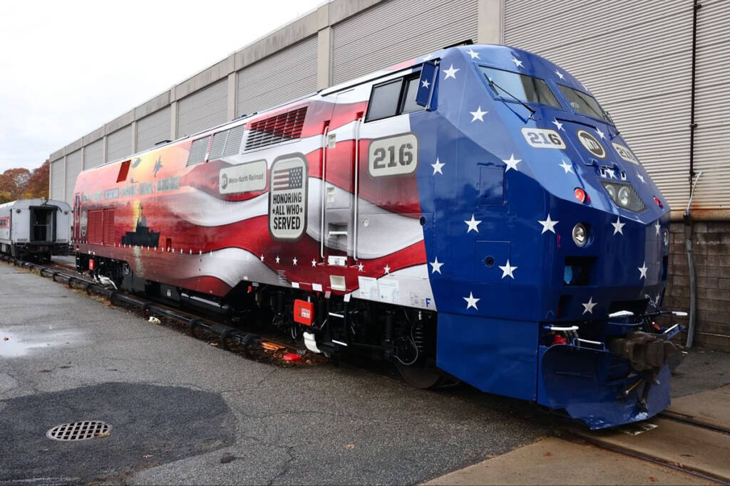 Red, white, and blue locomotive with labels for all branches of U.S. Armed Forces