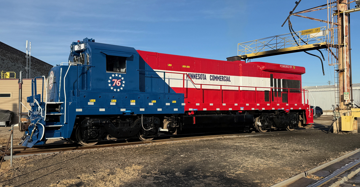Red, white, and blue GE locomotive