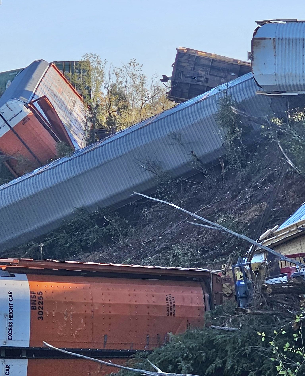 Tangle of derailed auto racks