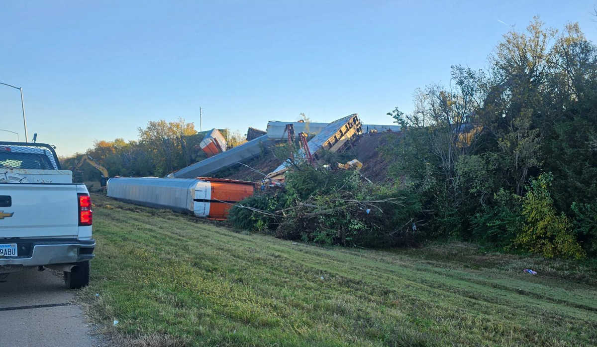 Derailed auto racks on embankment