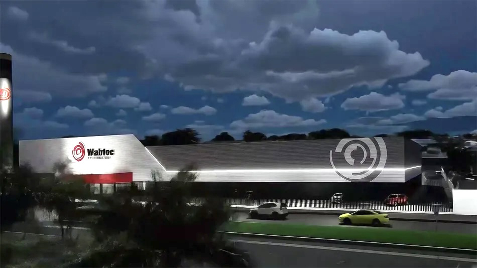 Illustration of building with Wabtec signage and logo