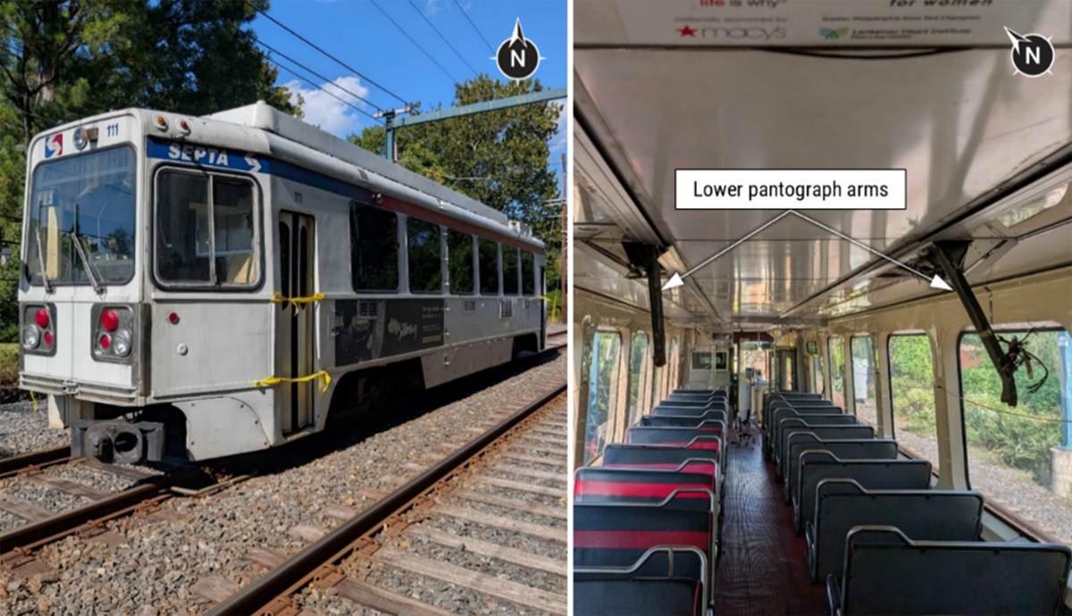 Images of exterior of trolley car and interior with two objects penetrating through roof