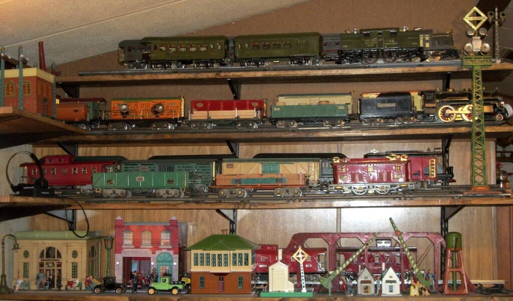 shot of vintage trains on shelves